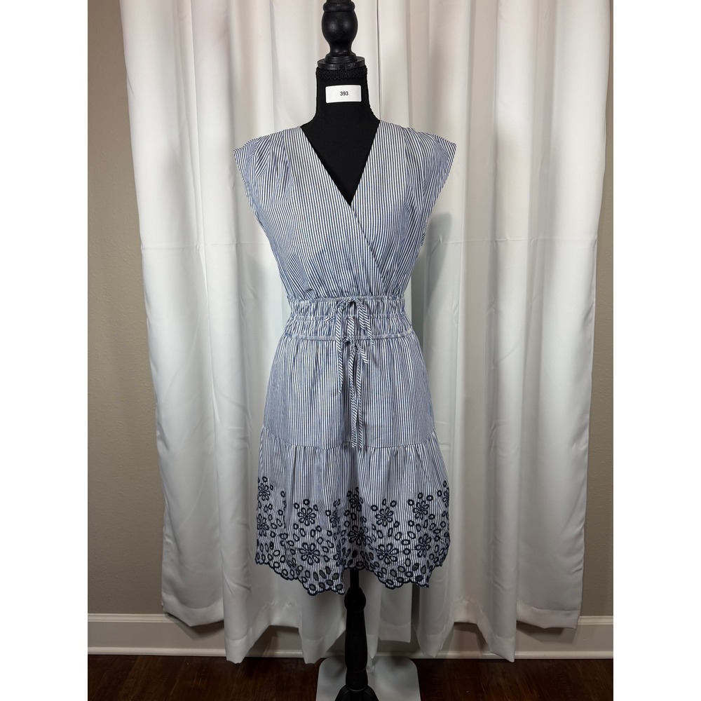 Rachel Zoe Blue White Stripe Eyelet Hem Smocked Waist Midi Dress Womens XS